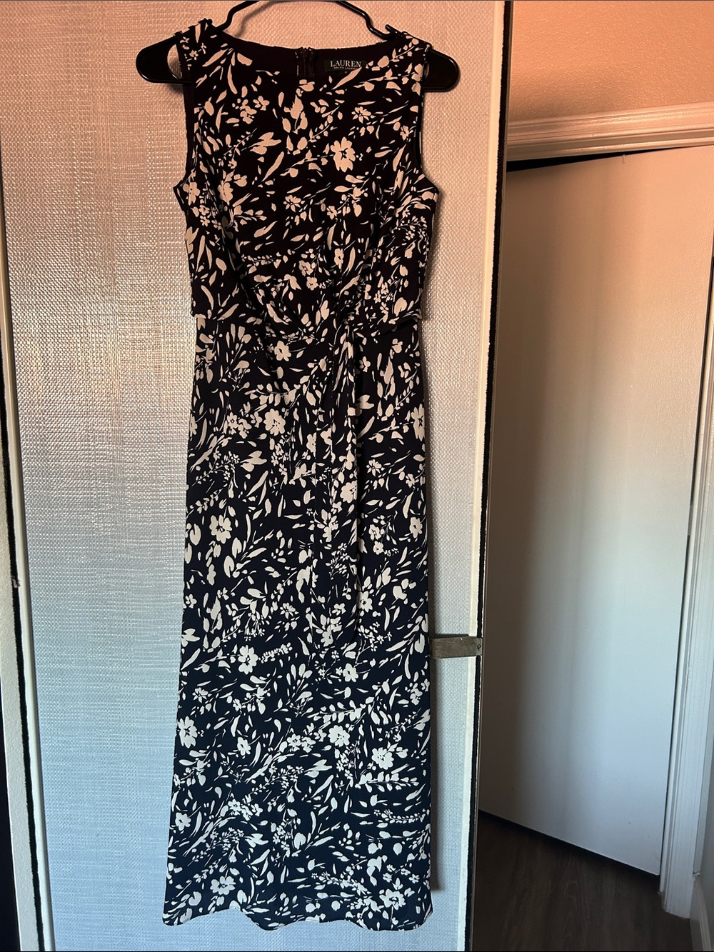 Lauren Ralph Lauren Navy and White Floral Maxi Dress with Waist Tie